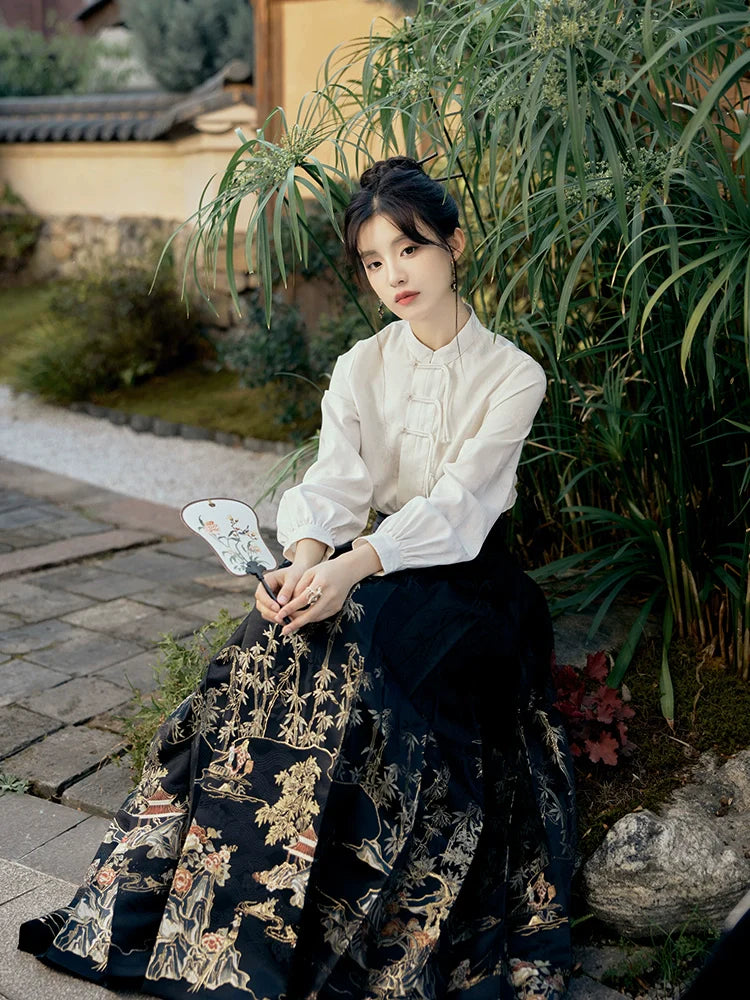 (Final Sale) "墨白·竹下听澜" Modern-style Hanfu Set