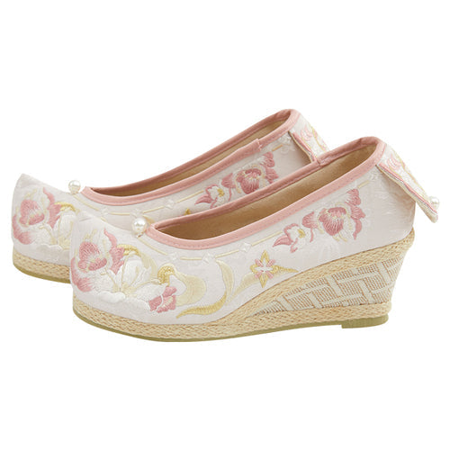 "花照" Three-Color Traditional Pattern Embroidered Low Heel Bow Shoes