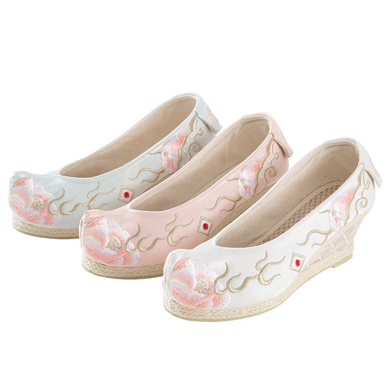 "Peony 芍药" Embroidered Heeled Bow Shoes