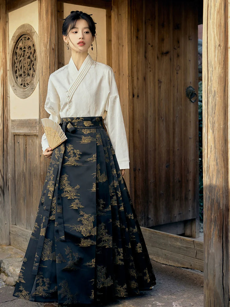 "江上烟树" Black Horse-face Hanfu Skirt