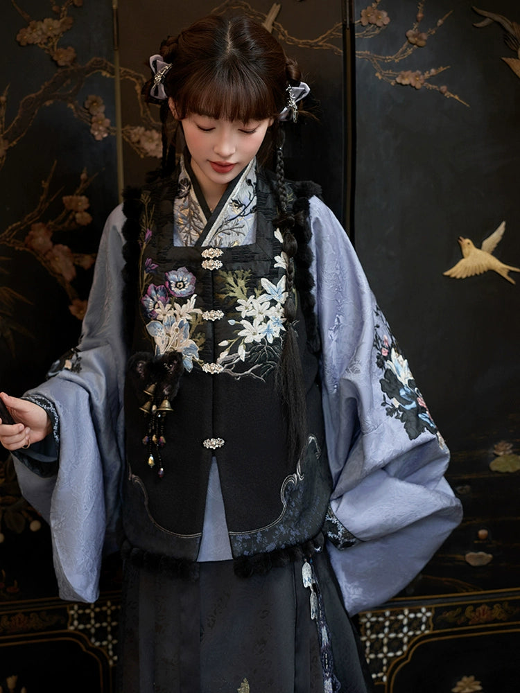 [护花铃-幻夜黑] Embroidered Vest And Skirt Set - Ming Dynasty Hanfu