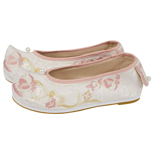 "花照" Three-Color Traditional Pattern Embroidered Low Heel Bow Shoes