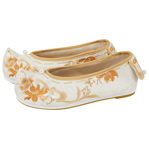 "花照" Three-Color Traditional Pattern Embroidered Low Heel Bow Shoes