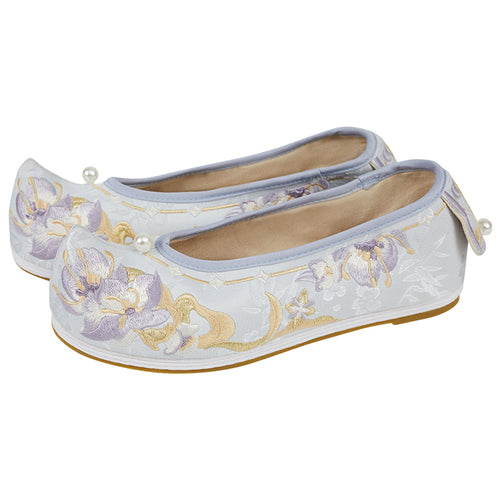 "花照" Three-Color Traditional Pattern Embroidered Low Heel Bow Shoes