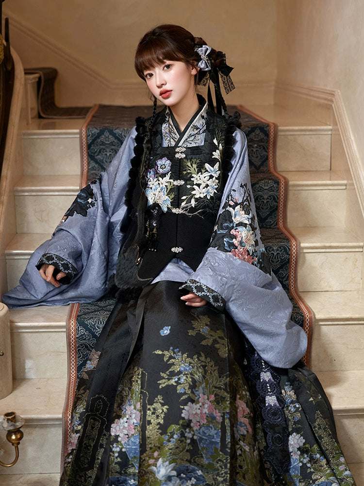 [护花铃-幻夜黑] Embroidered Vest And Skirt Set - Ming Dynasty Hanfu