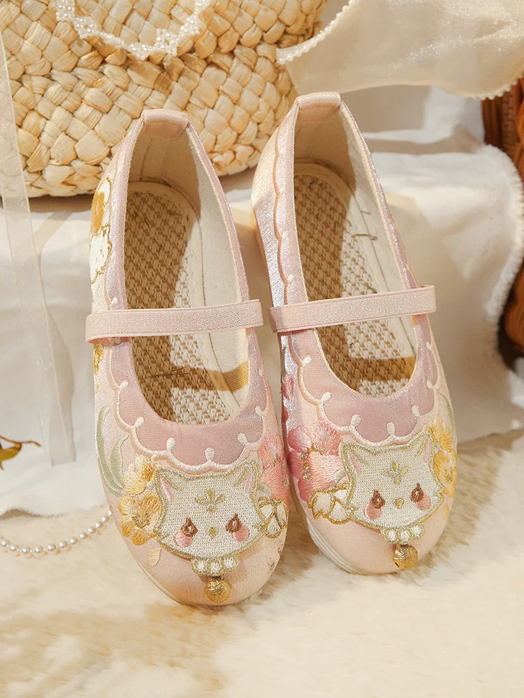 "Cat Bell" Embroidered Flat Kids' shoes