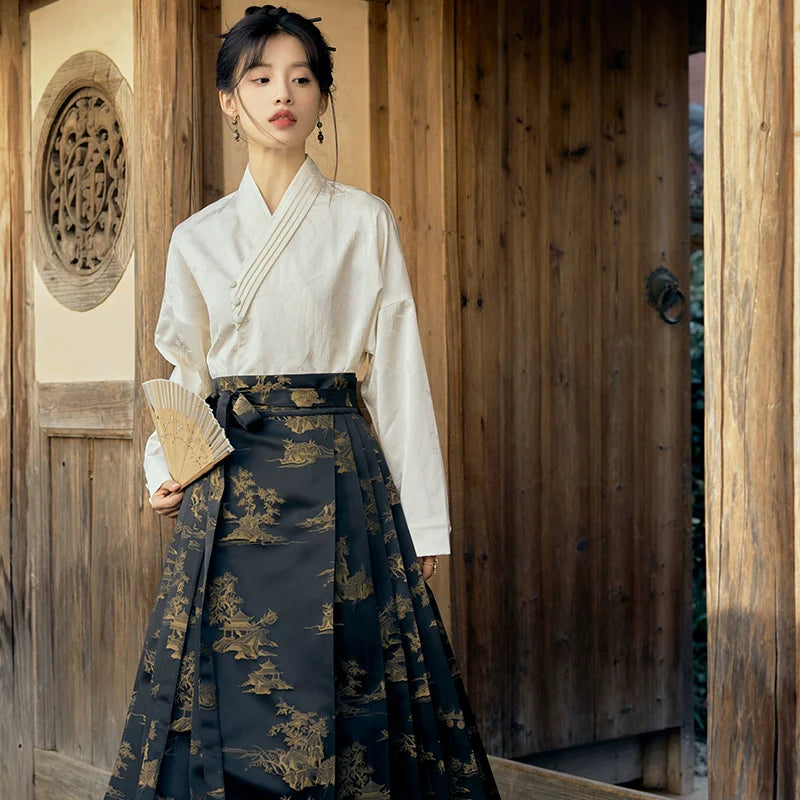 "江上烟树" Black Horse-face Hanfu Skirt