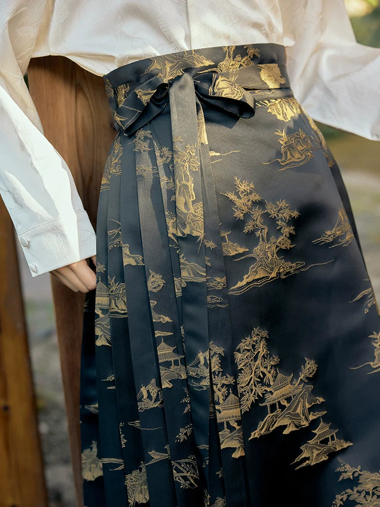 "江上烟树" Black Horse-face Hanfu Skirt