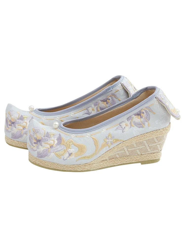 "花照" Three-Color Traditional Pattern Embroidered Low Heel Bow Shoes