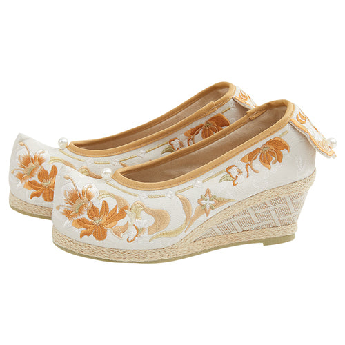 "花照" Three-Color Traditional Pattern Embroidered Low Heel Bow Shoes