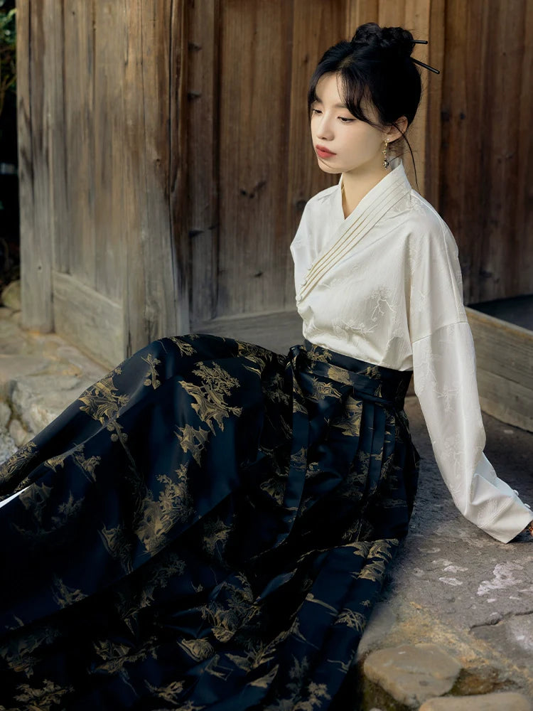 "江上烟树" Black Horse-face Hanfu Skirt